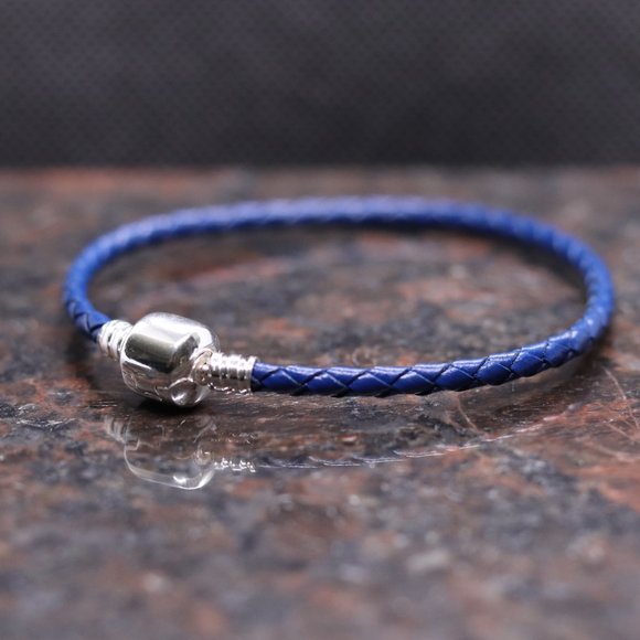 Dark Blue Leather Bracelet with Sterling Silver Barrel Clasp - BRAND NEW - Picture 2 of 5